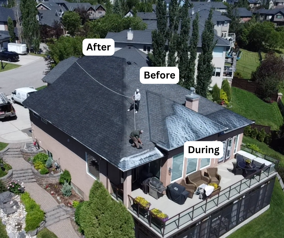 Central Valley home mid-treatment, showing before, during and after zones of the roof
