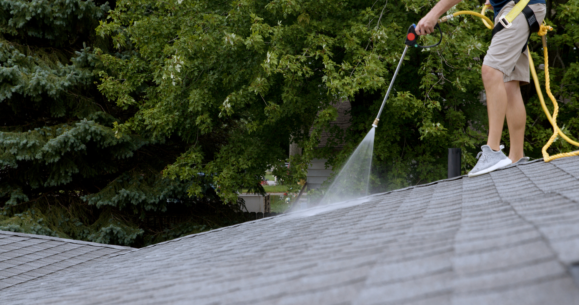 CenCal technician spraying GreenSoy™ rejuvenator across an asphalt shingle roof, harnessed and roped in